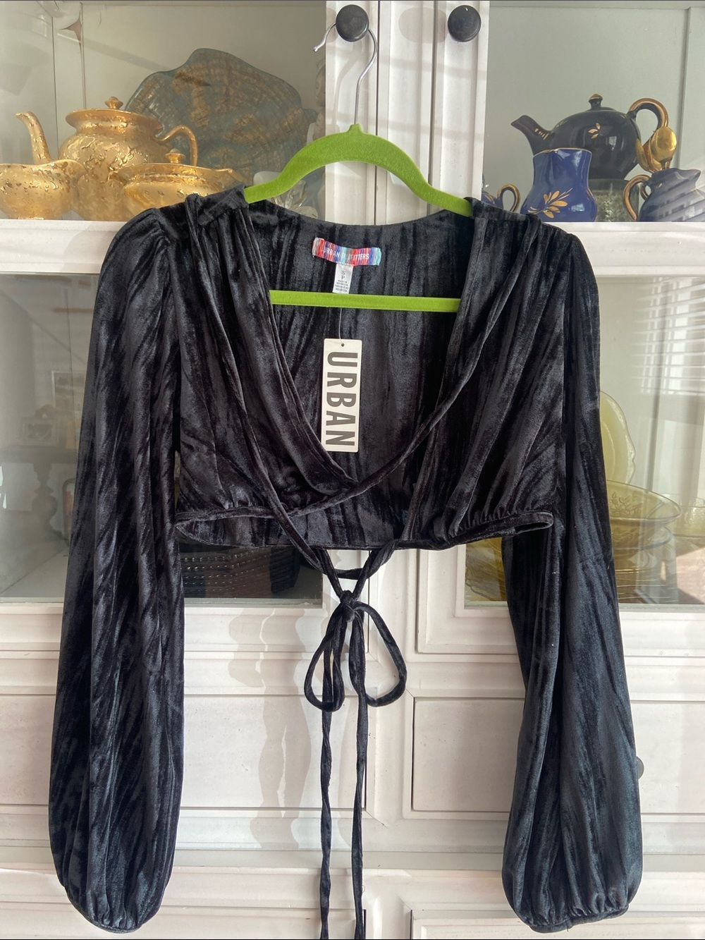 Urban Outfitters Black Velvet Cropped Tie-Front Top